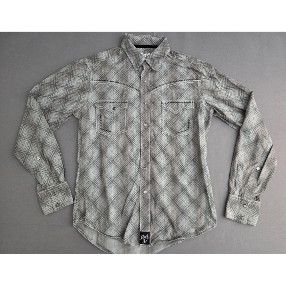 Wrangler Shirt Mens Small Gray Plaid Rock 47 Western Pearl Snap Cowboy Stitched